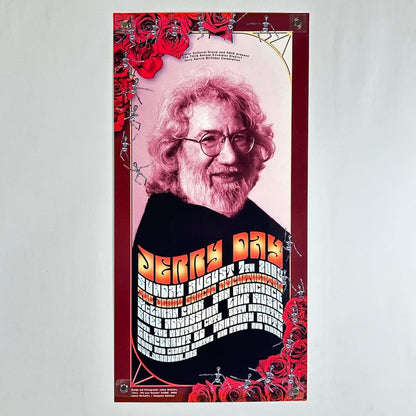 A vertical poster featuring a portrait of Jerry Garcia with red roses, and bold orange text listing concert details. 