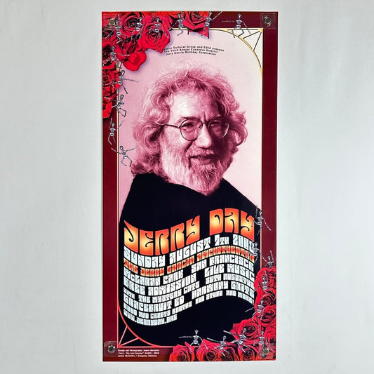 A vertical poster featuring a portrait of Jerry Garcia with red roses, and bold orange text listing concert details. 