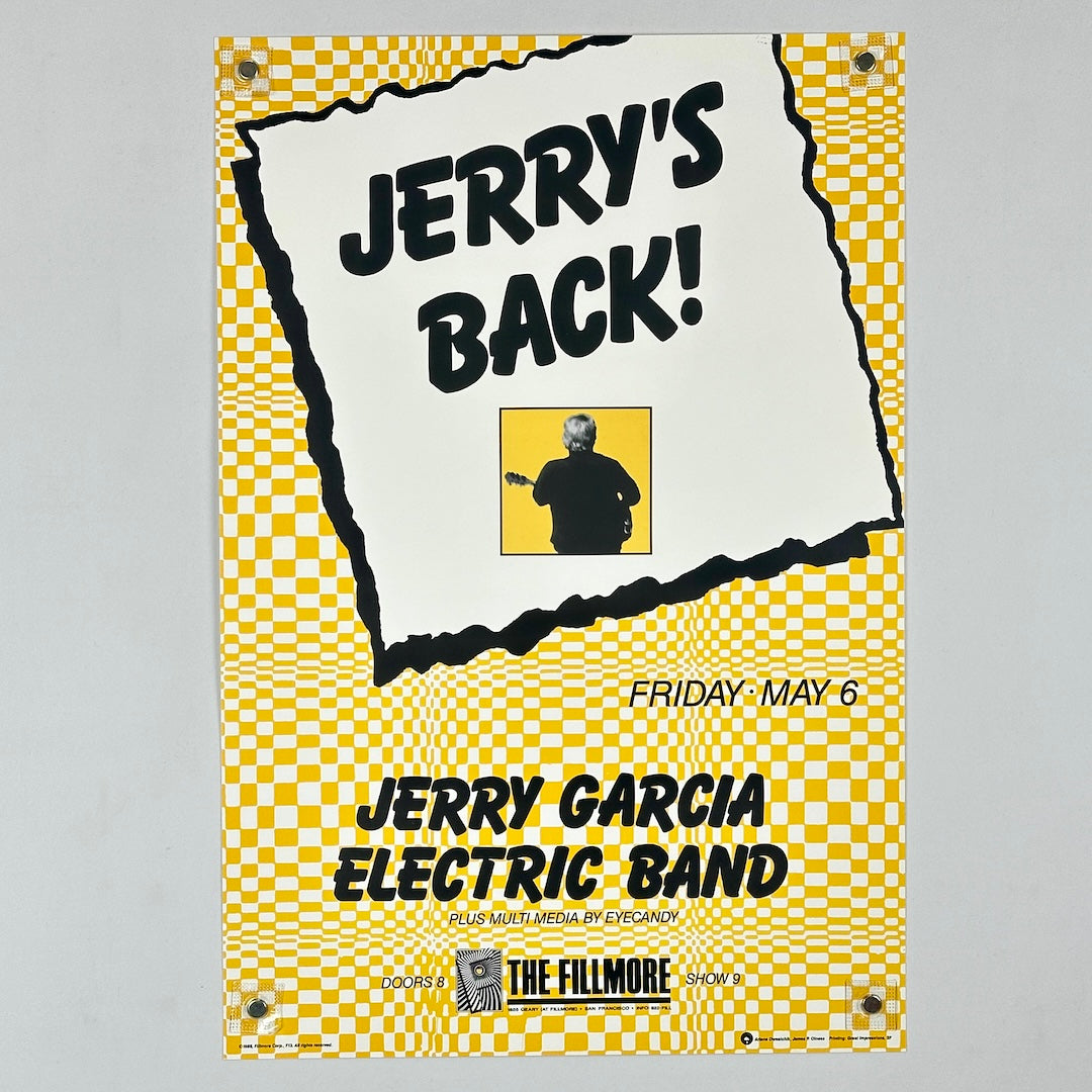 Poster for Jerry Garcia Electric Band concert featuring a checkered border and text.