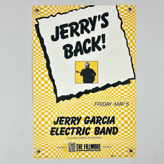 Poster for Jerry Garcia Electric Band concert featuring a checkered border and text.