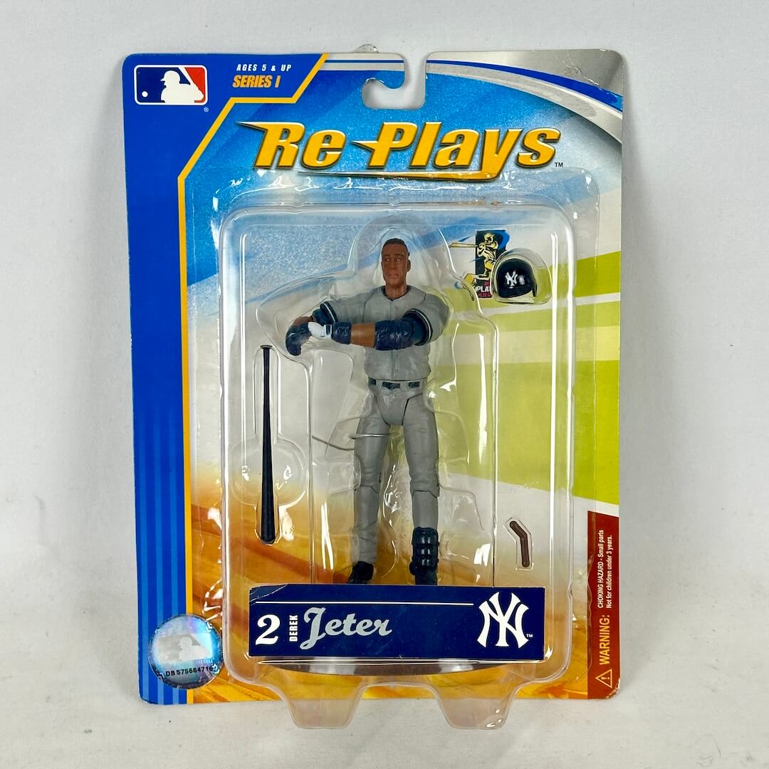 Baseball player action figure in packaging with 'Re-Plays' branding on a white background