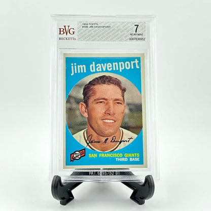 Baseball trading card of Jim Davenport in a display case with BVG grading label.
