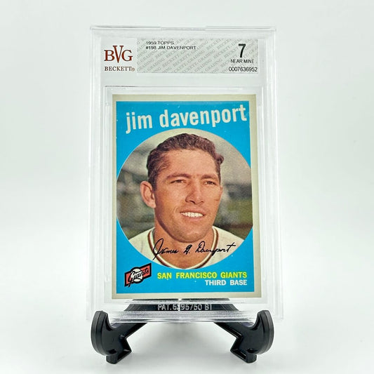 Baseball trading card of Jim Davenport in a display case with BVG grading label.
