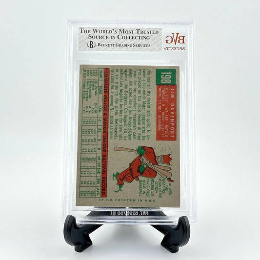 Vintage baseball trading card in a protective display case on a white background