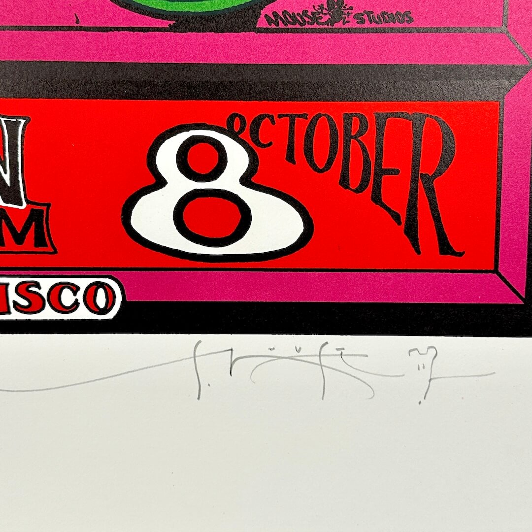 Close up of Stanley Mouse's signature in pencil at bottom of poster. 