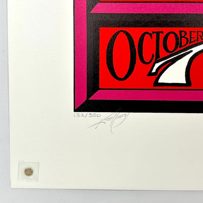 Bottom left corner of poster with crisp corner and clean edges, artist signature in pencil visible. 