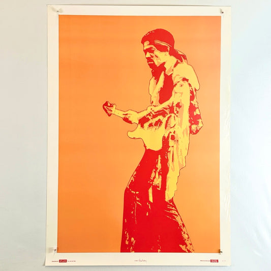 Orange monochromatic poster featuring Jimi Hendrix playing guitar on a plain orange background with a white border. 