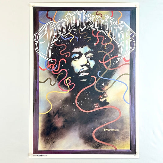 Poster with stylistic font reading Jimi Hendrix above watercolor style image of Hendrix' face, bright colored brush strokes throughout. 