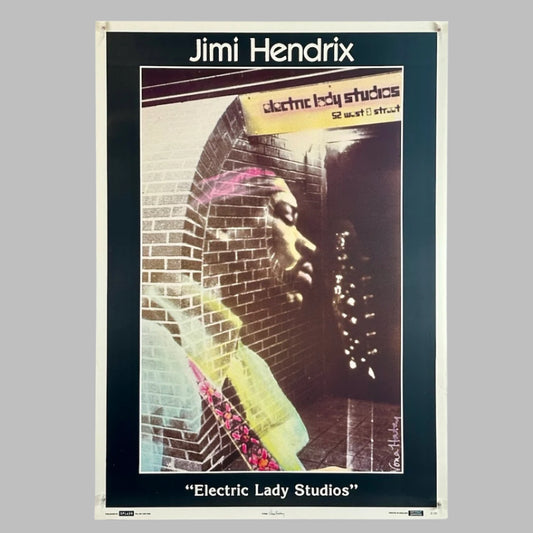 Poster of entrance to brick building with Jimi Hendrix face superimposed on top with black border.