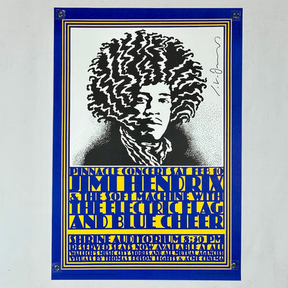 Poster of Jimi Hendrix with a blue border on a white background