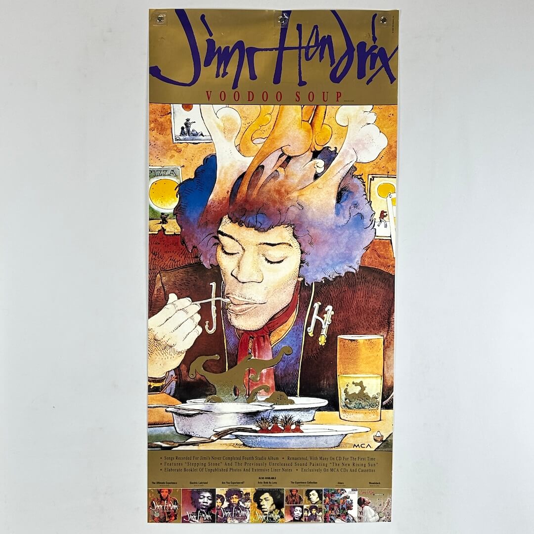 Poster of Jimi Hendrix with a colorful design on a white background