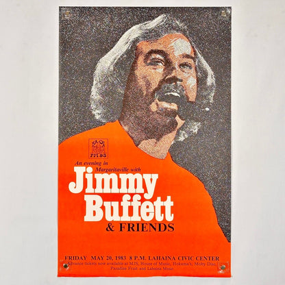 Poster for an evening with Jimmy Buffett & Friends featuring a stylized portrait of a man singing.