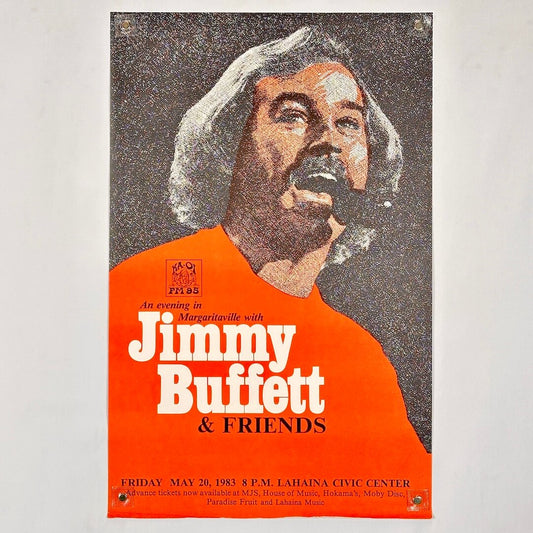 Poster for an evening with Jimmy Buffett & Friends featuring a stylized portrait of a man singing.