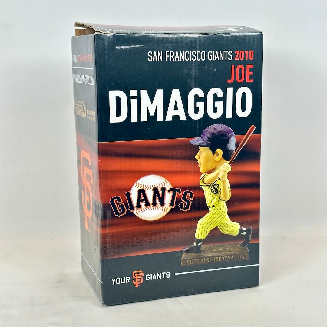 A San Francisco Giants 2010 Joe DiMaggio collectible bobblehead in its original retail packaging.