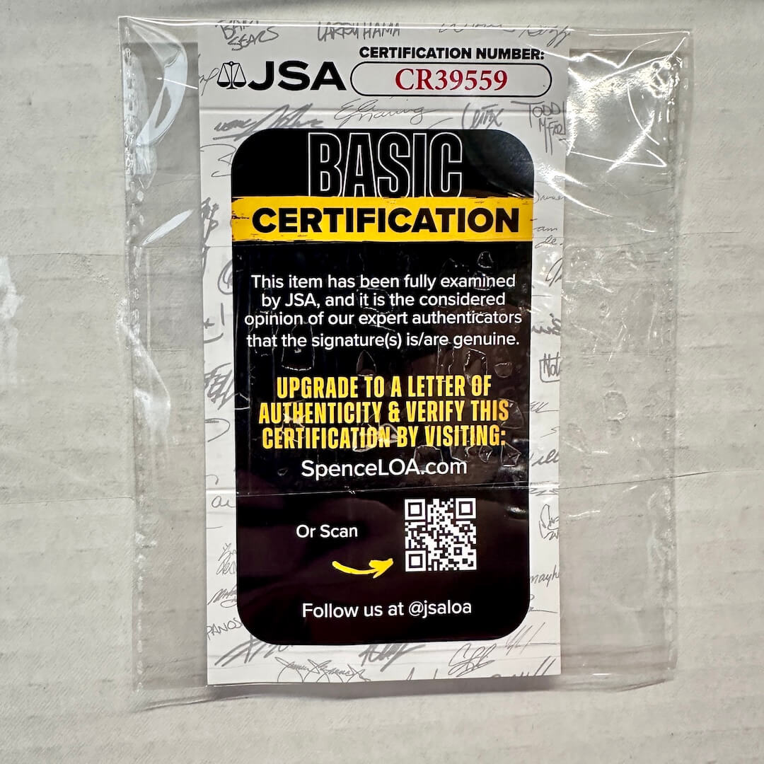 A JSA Basic Certification card (CR39559) inside a clear plastic protective sleeve.