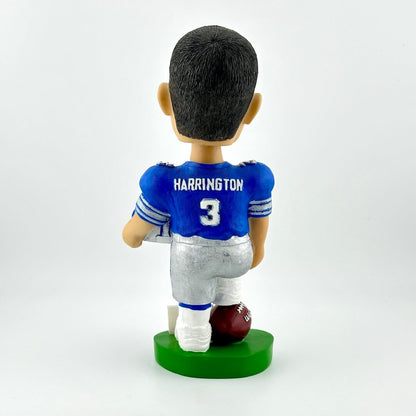 Back view of football player bobblehead holding helmet against white background. 