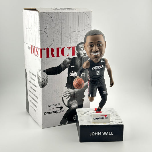 Bobblehead figure of a basketball player in front of a branded box
