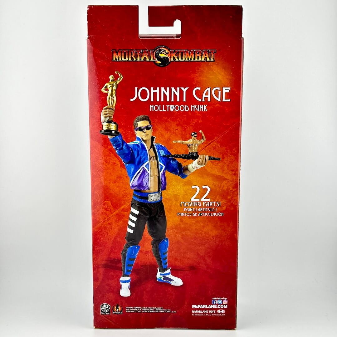 Mortal Kombat Johnny Cage action figure packaging, featuring a red box with an illustration of the figure.