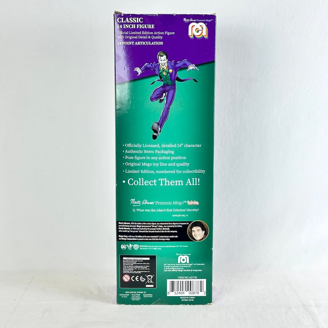 Back panel of Joker action figure packaging with image of character, & highlights about the product.