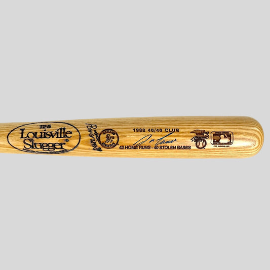 Wooden baseball bat with branding and text on a white background
