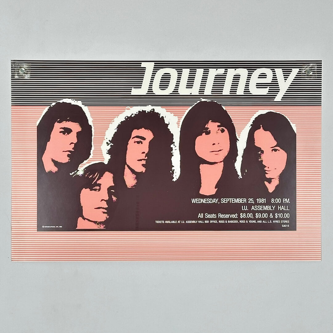 Poster of the band Journey with their faces on a striped background