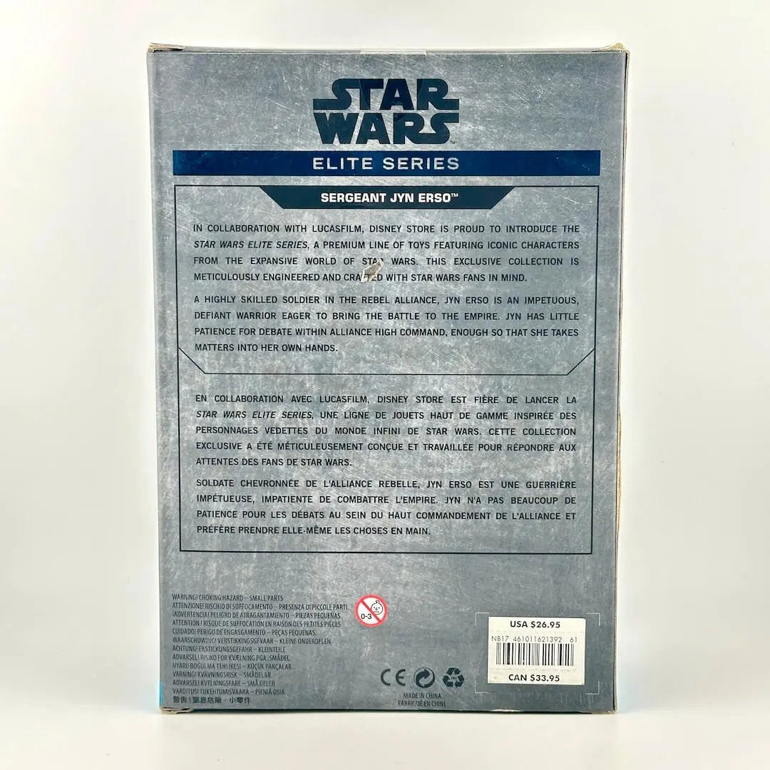 The back of a Star Wars Elite Series figure for Sergeant Jyn Erso, featuring product description. 