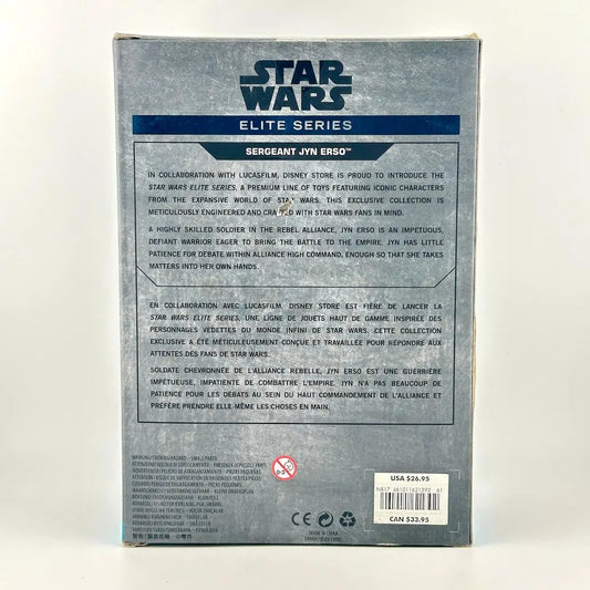 The back of a Star Wars Elite Series figure for Sergeant Jyn Erso, featuring product description. 