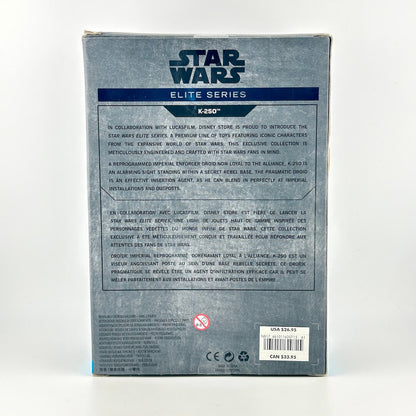The back of a Star Wars Elite Series K-501 box, showing detailed product information in English and French.