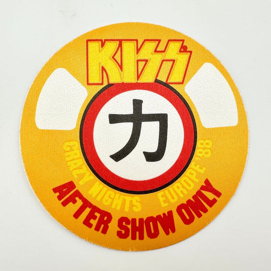 Round event ticket with KISS logo and text on a white background