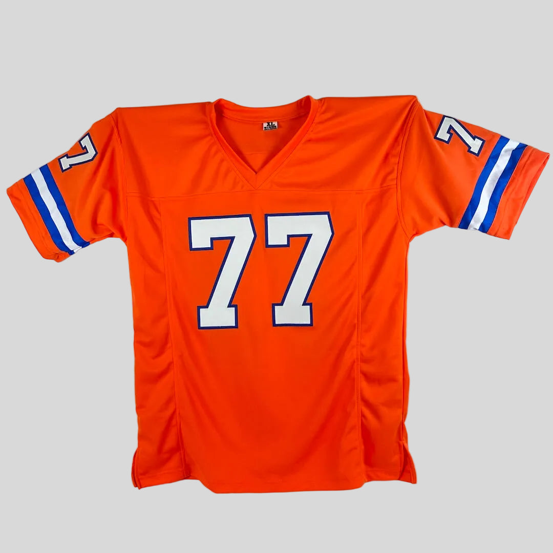 Orange sports jersey with number 77 on a white background