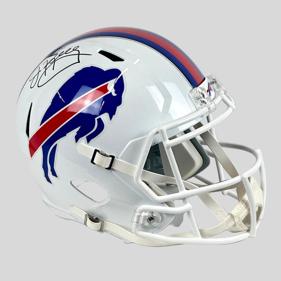 White football helmet with blue and red design on a white background