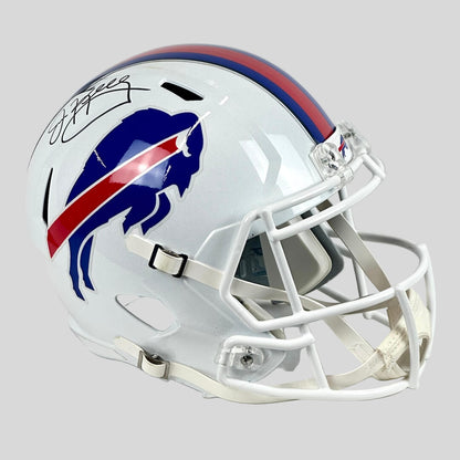 White football helmet with blue and red design on a white background