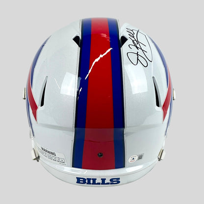 Helmet with red and blue stripes and 'Bills' branding on a white background