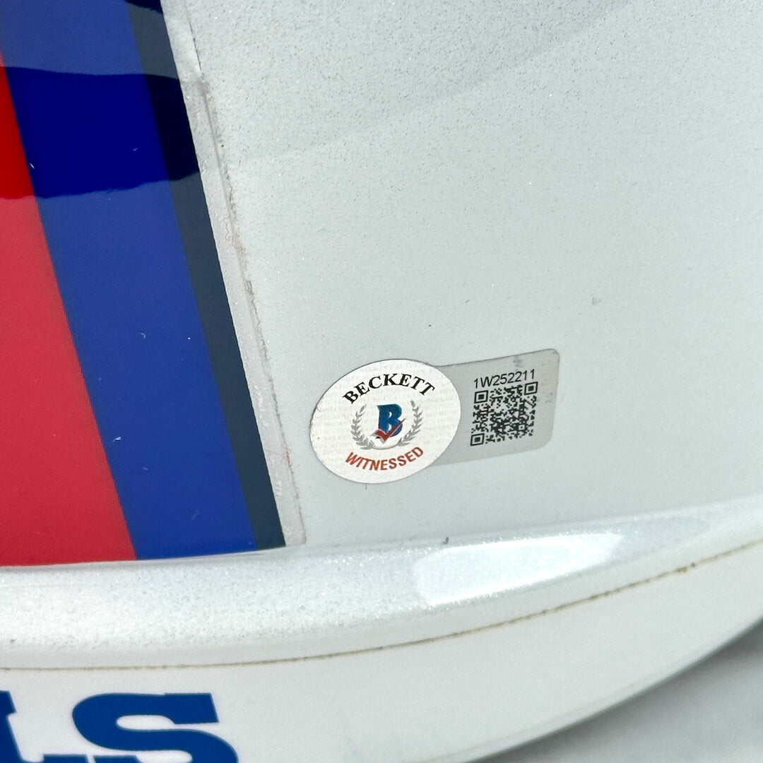 Close-up of Beckett authentication sticker on back of helmet. 