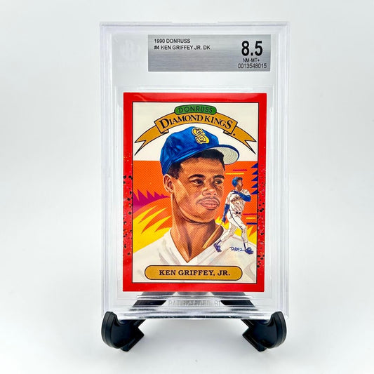 Baseball trading card of Ken Griffey Jr. in a protective case on a white background