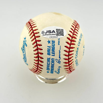 Vintage Rawlings baseball with red stitching and JSA authentication sticker with QR code. 