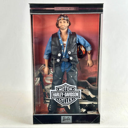 Barbie Collector's Edition Harley-Davidson toy motorcycle doll, featuring a male figure in blue denim and black leather. 
