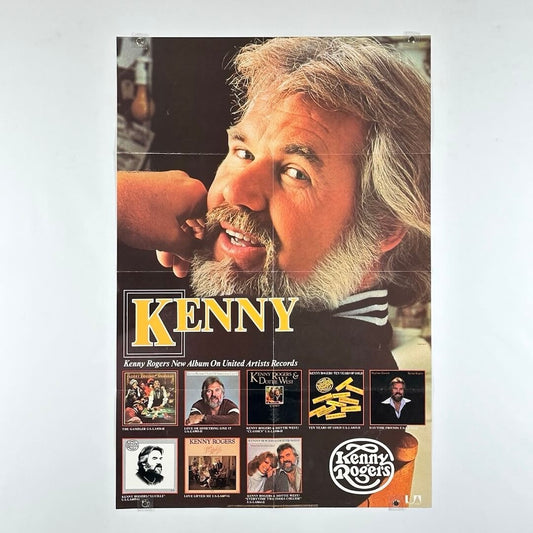 Promotional poster for Kenny Rogers featuring his face and album covers.