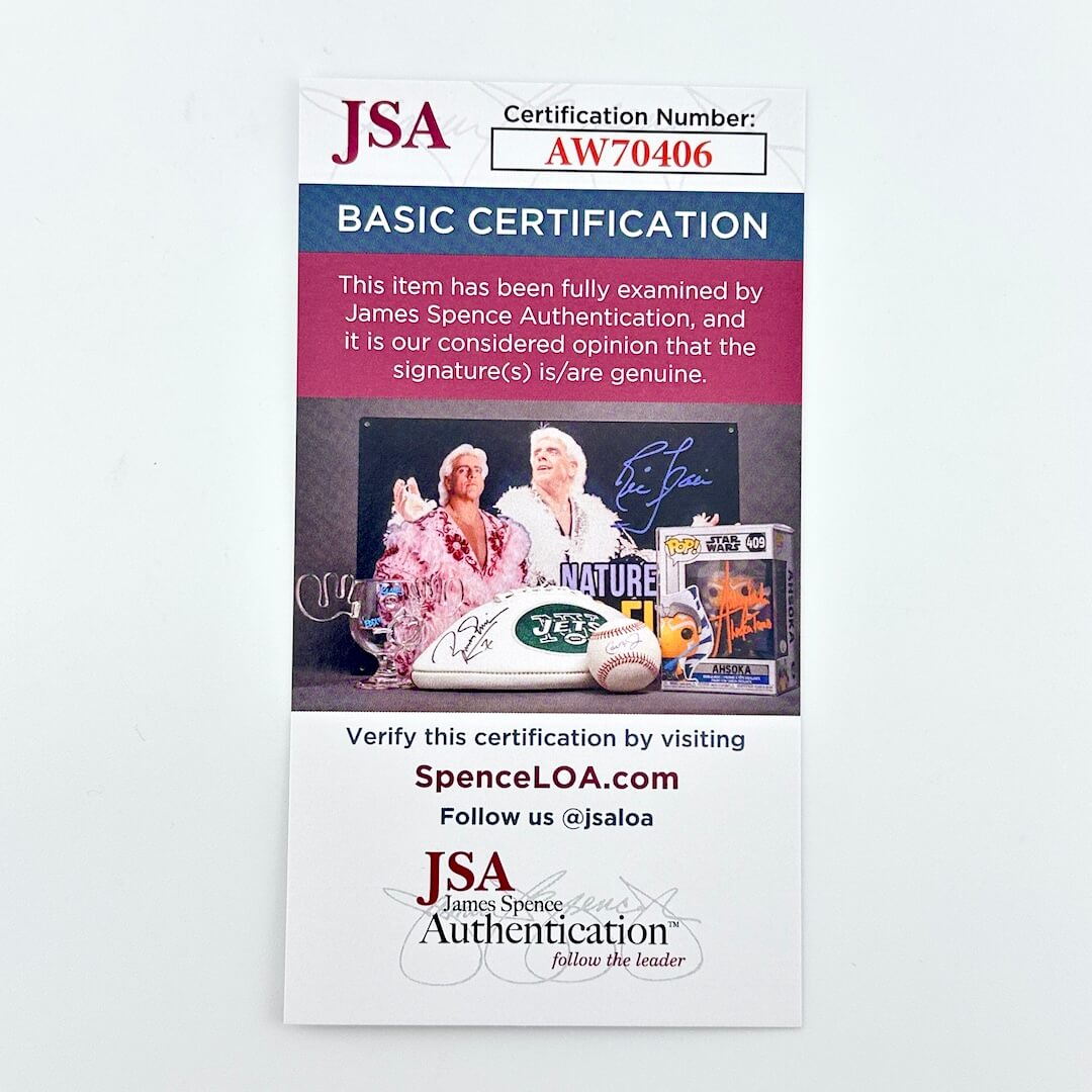 JSA certification card for basic authentication with a photo of two people and autographed items on a white background.