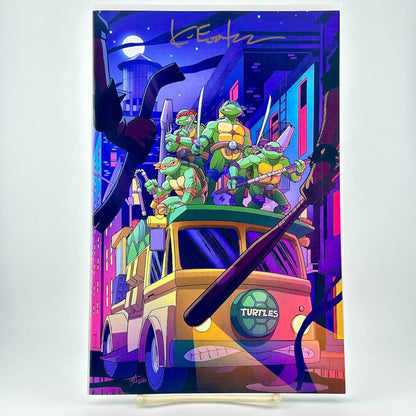 Comic book cover featuring colorful illustration of turtles on a van with a cityscape background, with signature at top.