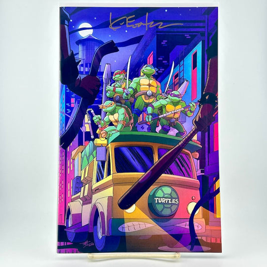Comic book cover featuring colorful illustration of turtles on a van with a cityscape background, with signature at top.