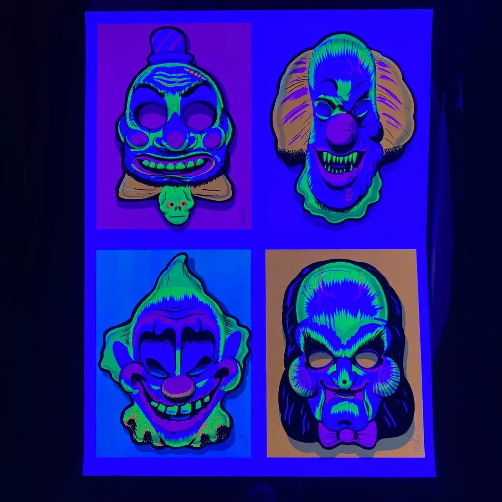 Four glowing clown mask designs under black light on a dark background