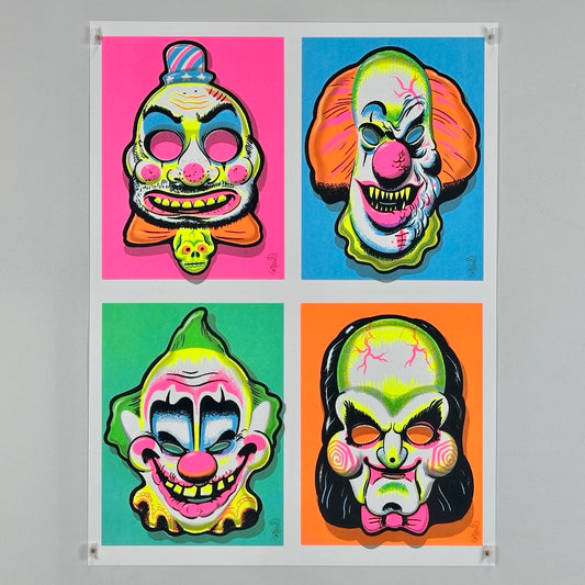 Four colorful clown mask illustrations on a poster with a gray background.