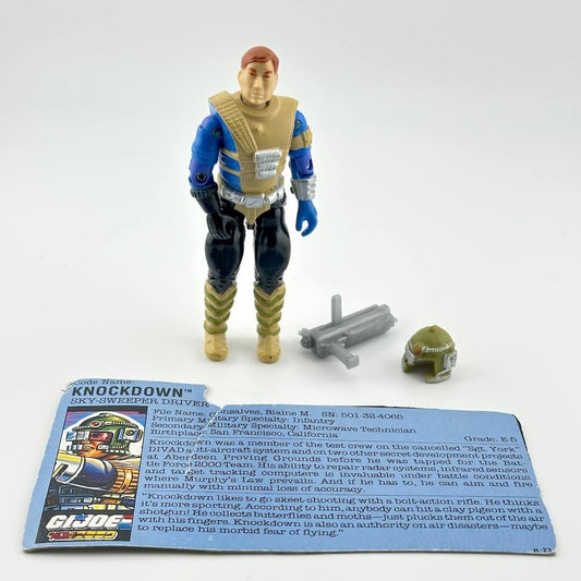 Toy figure with accessories and character card on a white background