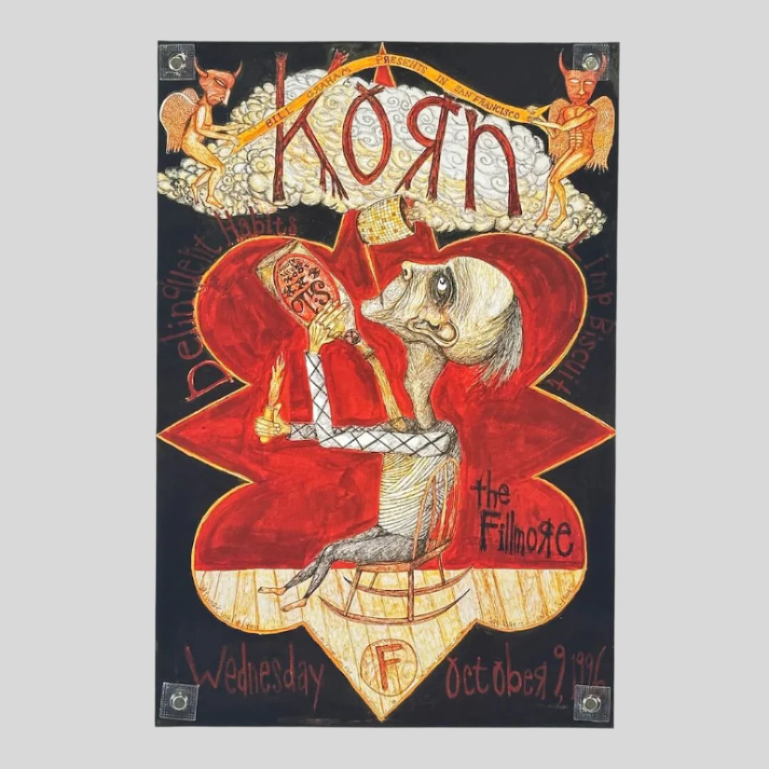 Hand-sketch style poster with main image of seated man pouring jar down the front of his shirt with a lighter in his hand. 