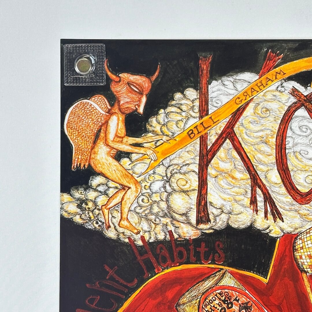 Top left corner of poster showing devil with wings holding banner in cloud. Crisp corner, no edge wear.
