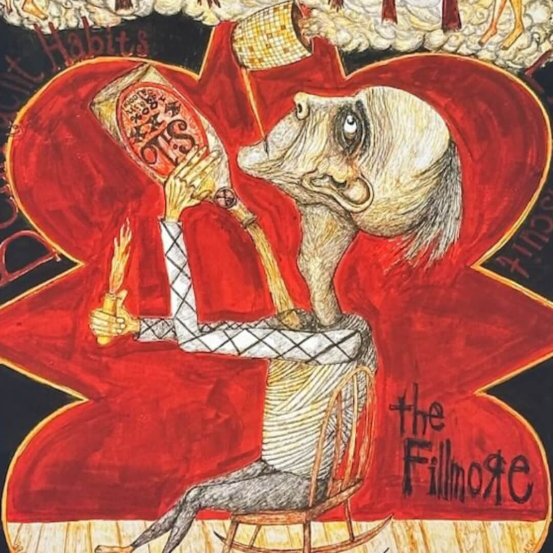 Close up of central image of man in rocking chair holding lit lighter, & pouring liquor onto himself while smoking a pipe. 