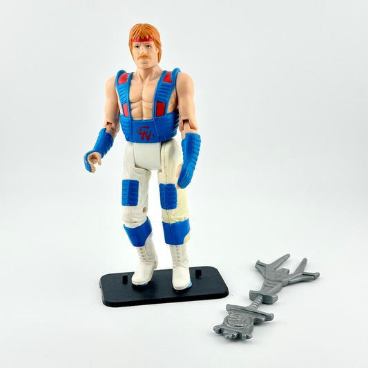 Action figure in white and blue martial arts uniform with red accents with accessory against white background.