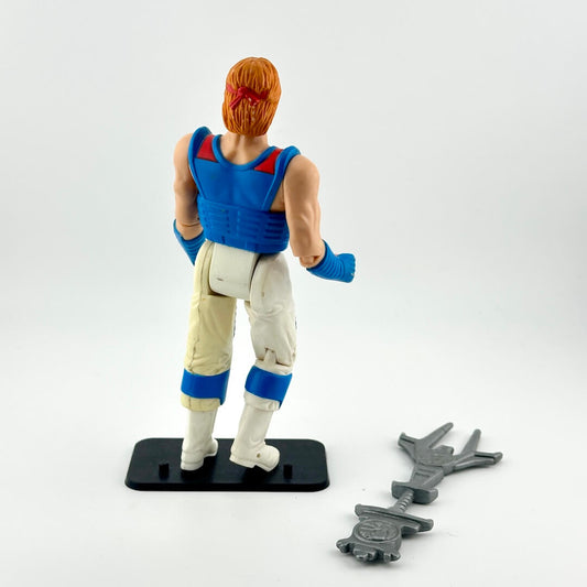 Action figure in white and blue martial arts uniform with red accents with accessory against white background.