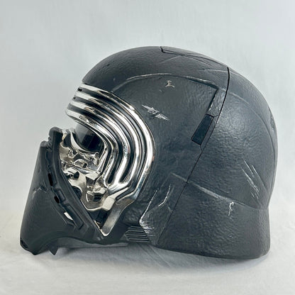A black textured helmet from Star Wars, featuring a shiny chrome visor and a black face mask.